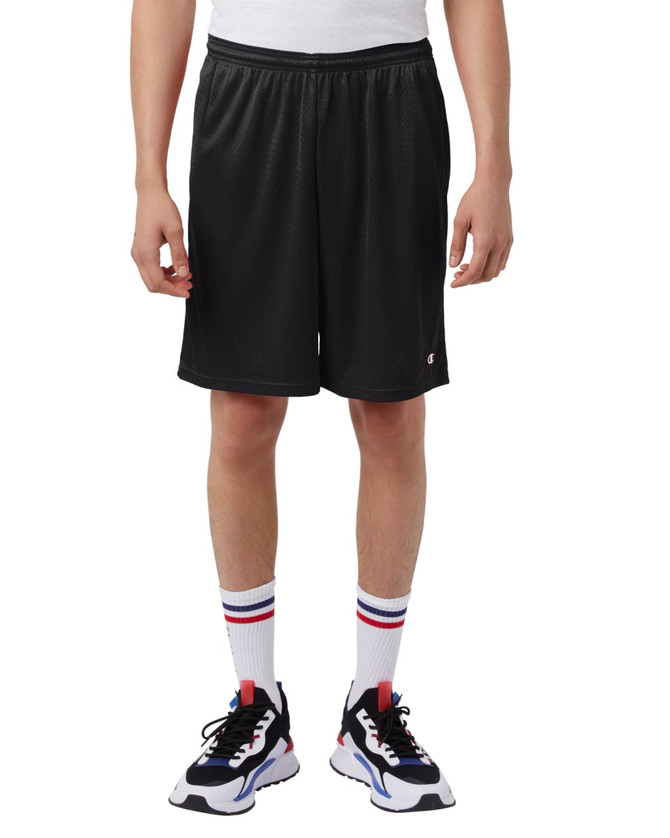 Black mesh shorts with pockets, featuring an elastic waistband and a logo, worn with sneakers and striped socks.