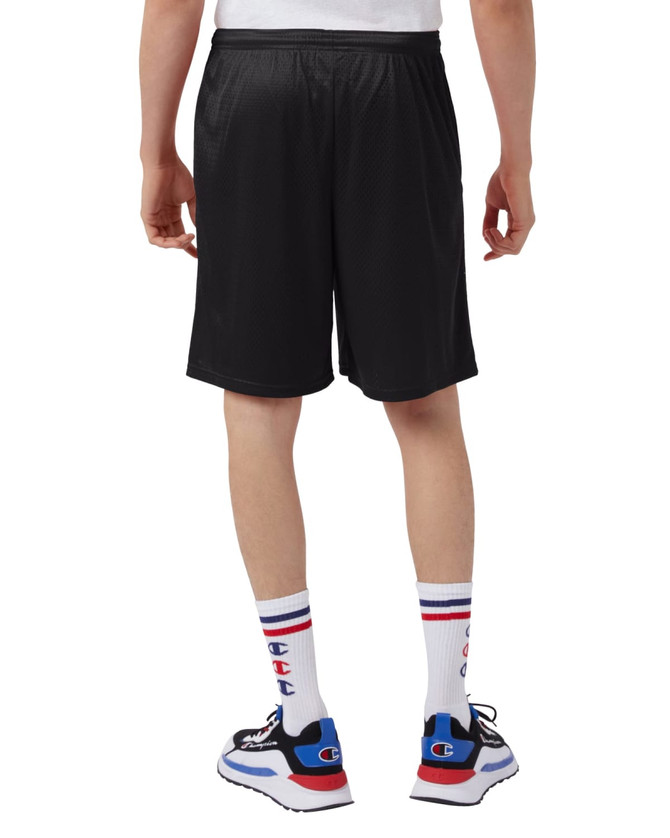 Black mesh sports shorts with pockets, featuring a logo, viewed from the back. Suitable for athletic wear.