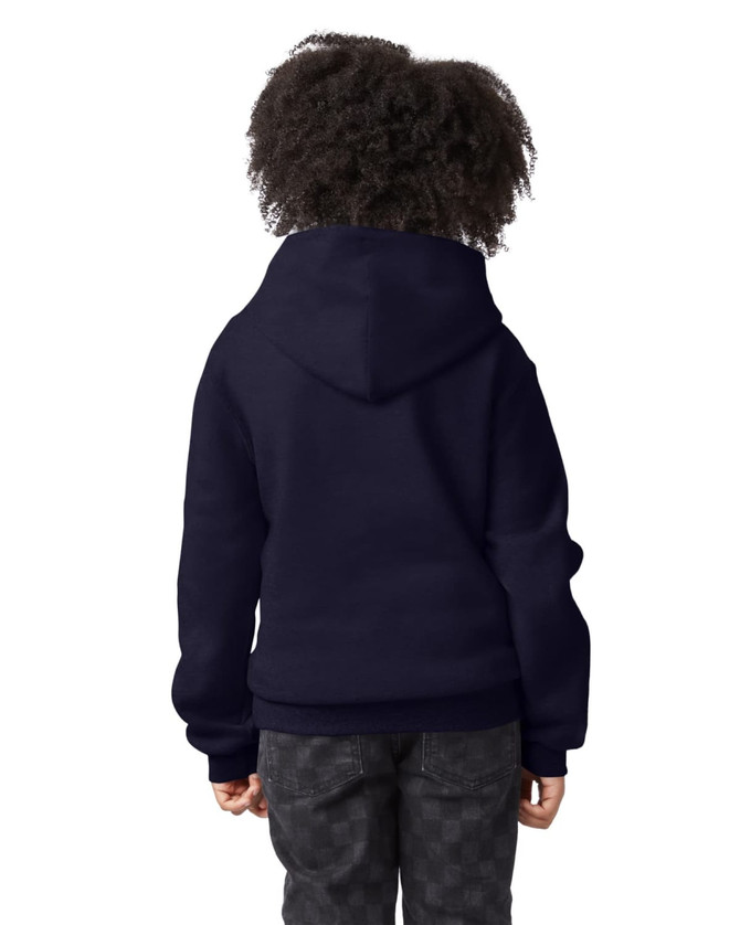 A navy pullover hooded sweatshirt for youth, featuring a hood and casual fit, viewed from the back.