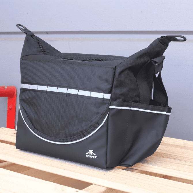 A black cooler bag with reflective accents and a logo, featuring a large front pocket and adjustable straps.