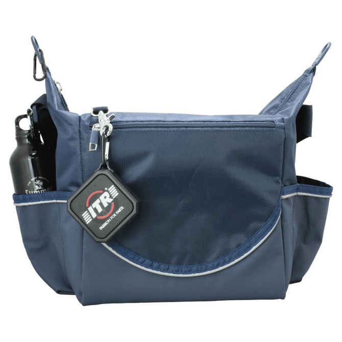 A navy cooler bag with exterior pockets, featuring a drink bottle and a branded tag.