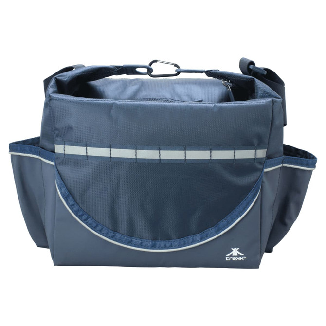 A navy cooler bag with a main compartment, side pockets, and a logo. Features a shoulder strap for easy carrying.