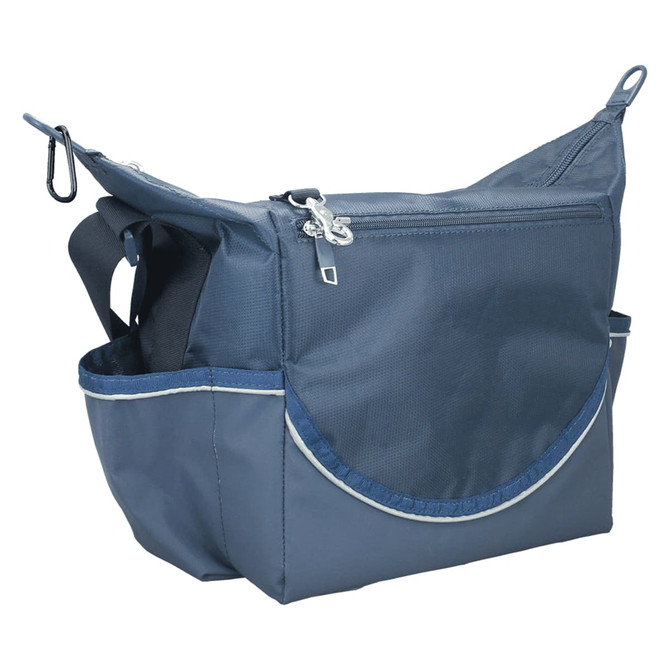 A navy cooler bag with a large main compartment, side pockets, and a zippered closure. It includes a branding logo.