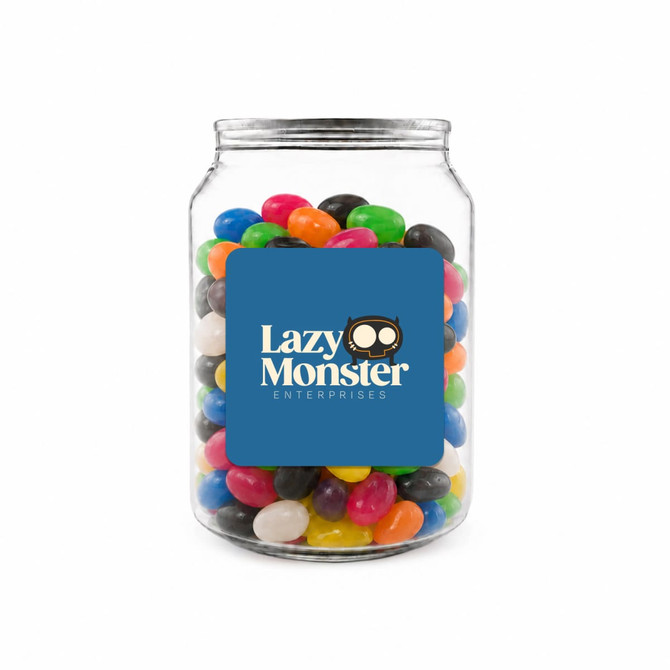 A clear jar filled with assorted jelly beans in various colours, featuring a logo on the front.