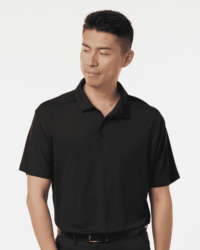 A black Men's Pro-Lock Performance Polo with a collared design and a branded logo.