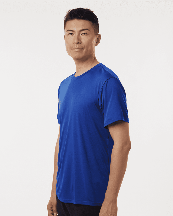 A blue men's performance t-shirt featured on a model, with a logo visible on the garment.