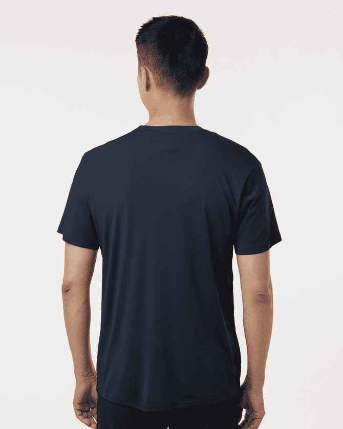 A navy men's performance t-shirt viewed from the back, featuring a simple design and a logo.