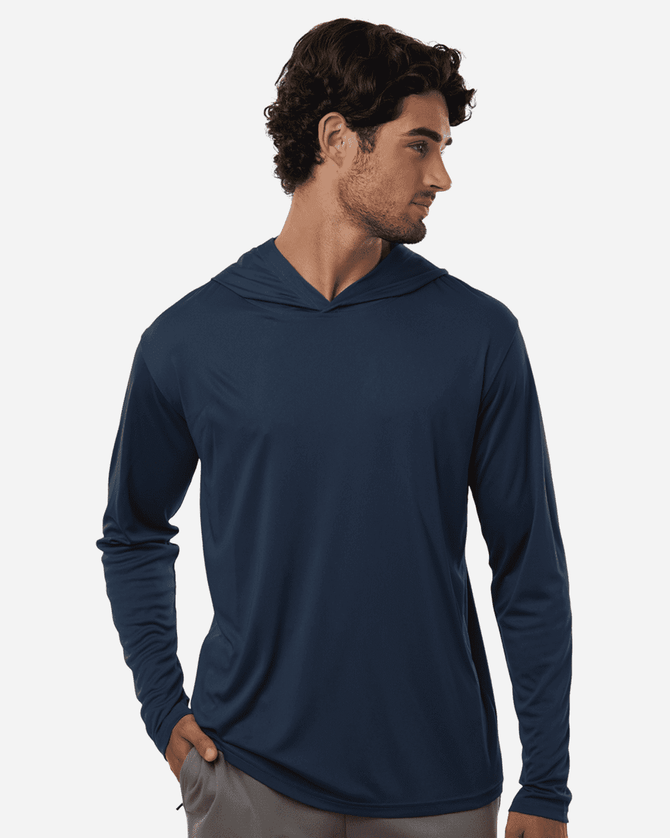 A men's hooded t-shirt in navy blue with long sleeves, featuring a logo on the front.