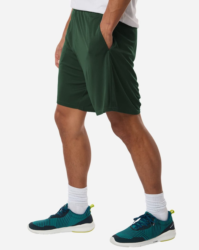 Men's Pro-Lock Performance Short in dark green, featuring side pockets and a comfortable fit. Includes a logo.