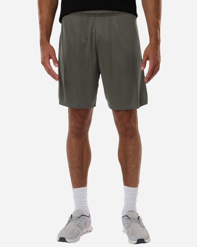 Men's performance shorts in olive green, featuring an elastic waistband and a logo on the side.