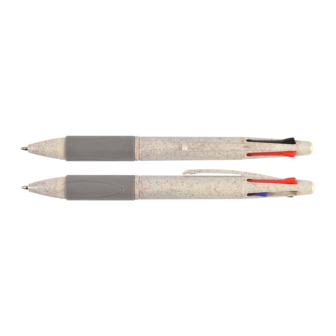 A four-color pen featuring a grey body with different color ink options: red, blue, black, and green.