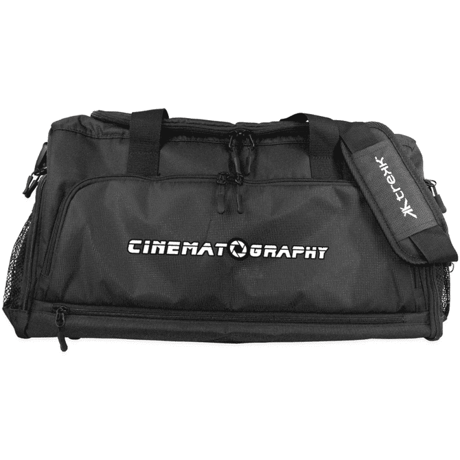 A black duffle bag with a branded logo and multiple zippered compartments.