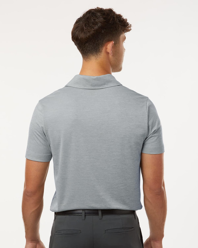 A men's short-sleeve polo in heather grey, featuring a classic collar and a logo on the back.