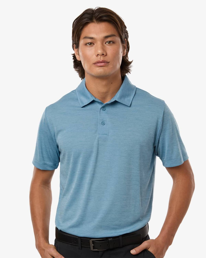 A blue polyester heather melange polo shirt with a collar and three buttons, featuring a logo.