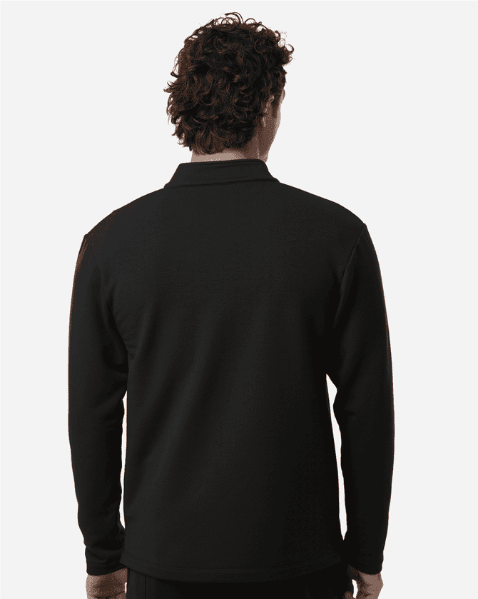 A black men's stretch fleece 1/4 zip jacket, viewed from the back, featuring a simple design and a logo.