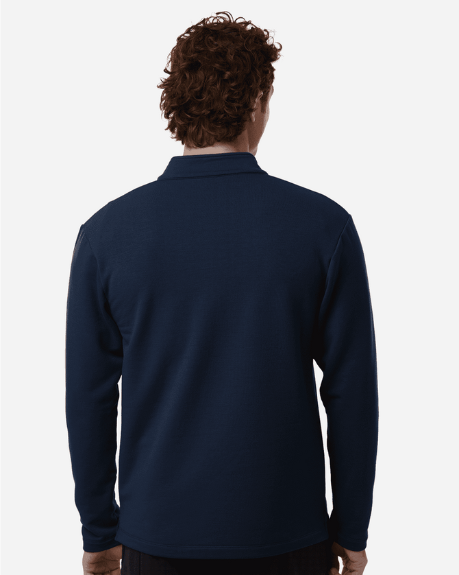 A men's navy blue stretch fleece 1/4 zip pullover, featuring a back view with a plain design and a logo.