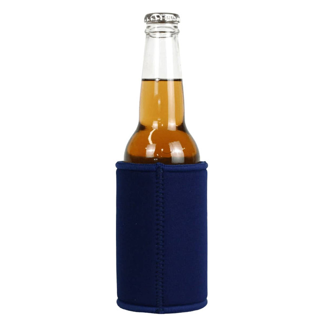 A drink bottle wrapped in a navy blue stubby holder with a logo. The bottle contains a golden beverage.