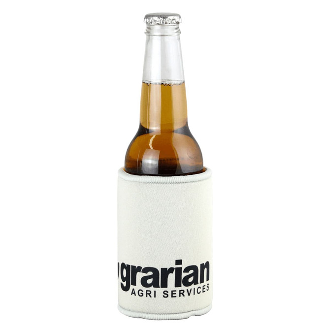 A stubby holder in cream, featuring a logo, holding a bottle of beer.