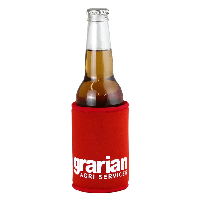 A red stubby holder with a drink bottle inside. It features a logo on the front.
