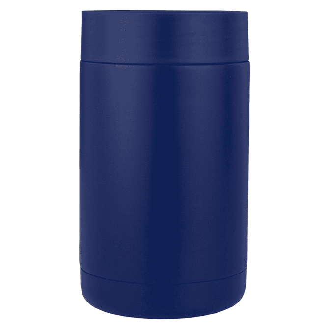 A navy blue drink holder with a sleek, smooth finish, featuring a branding logo.