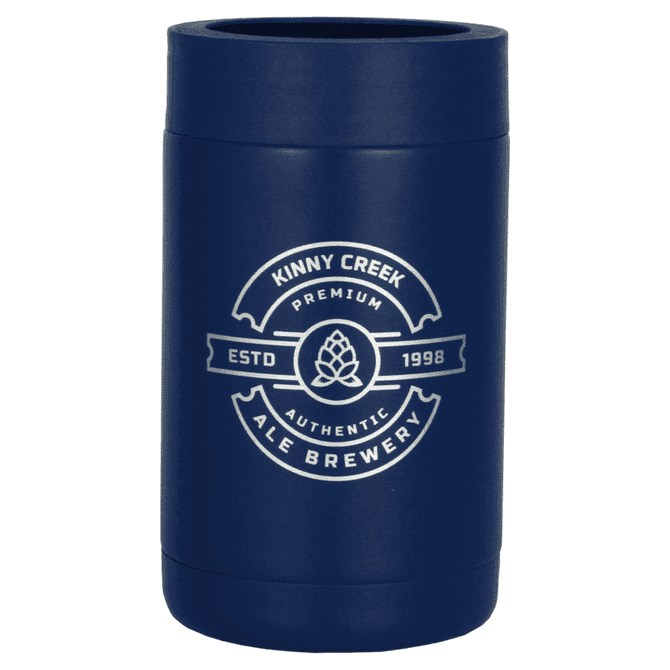 A drink bottle holder in navy blue with a circular logo featuring a hop design and text details.