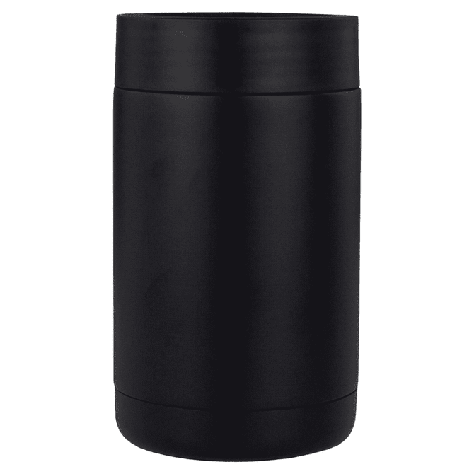 A drink bottle holder in matte black with a sleek design and a branding logo. Ideal for keeping drinks cool.