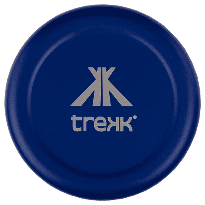 A drink holder in vibrant blue featuring a logo in a lighter colour, designed for keeping beverages cold.