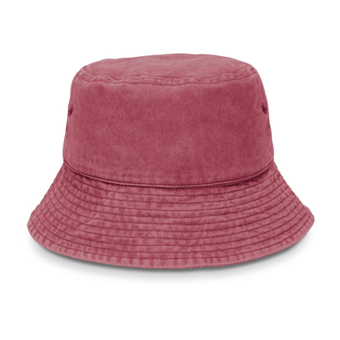 A maroon bucket hat with a wide brim and a textured finish, featuring ventilation holes and a branded logo.