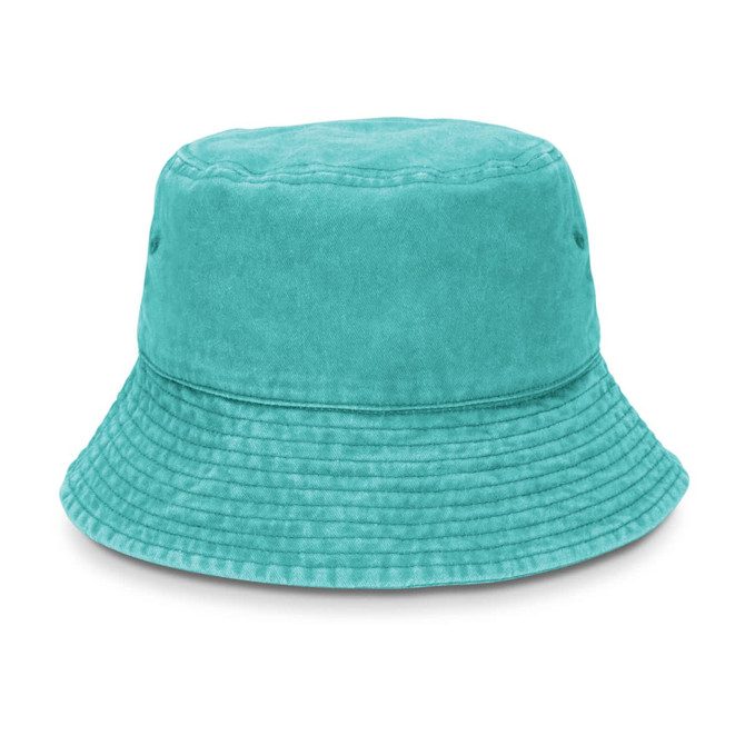 A teal bucket hat with a wide brim, featuring a textured fabric and eyelets for ventilation.