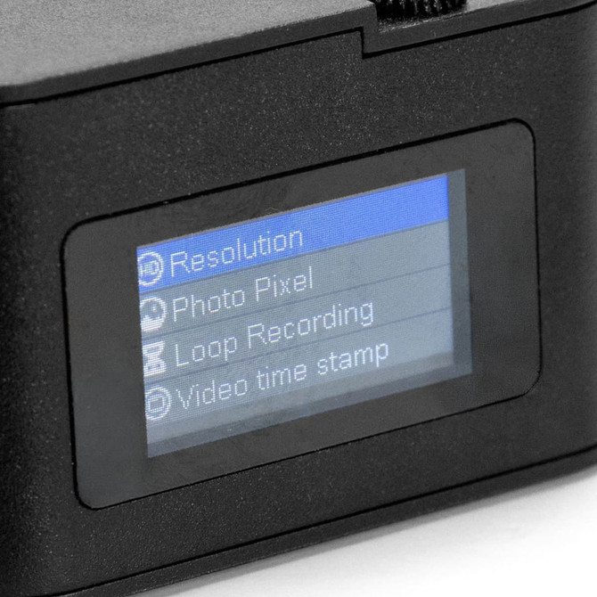 A small black camera featuring a display screen with menu options for settings like resolution and video timestamp.