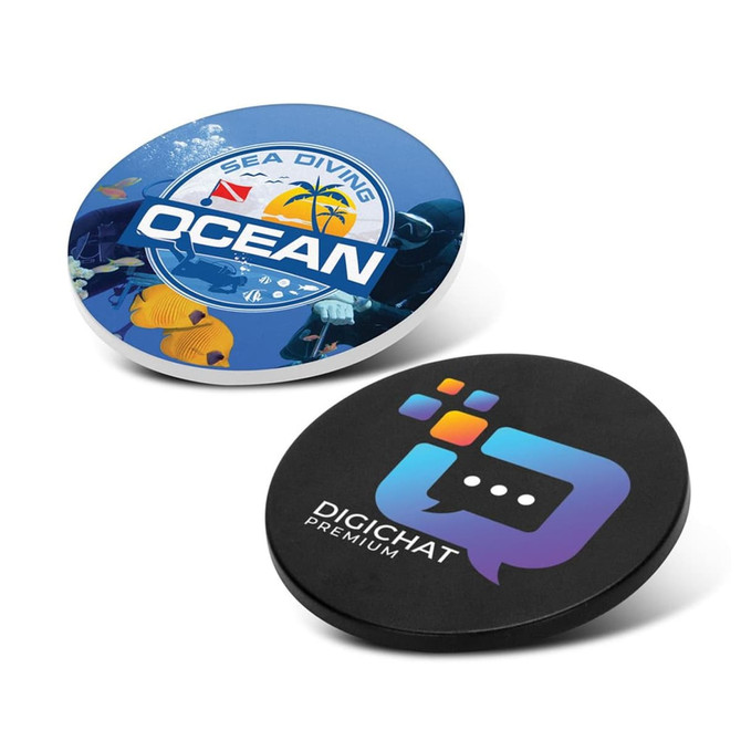 Two circular coasters featuring vibrant designs: one blue with an ocean theme and the other black with a logo.