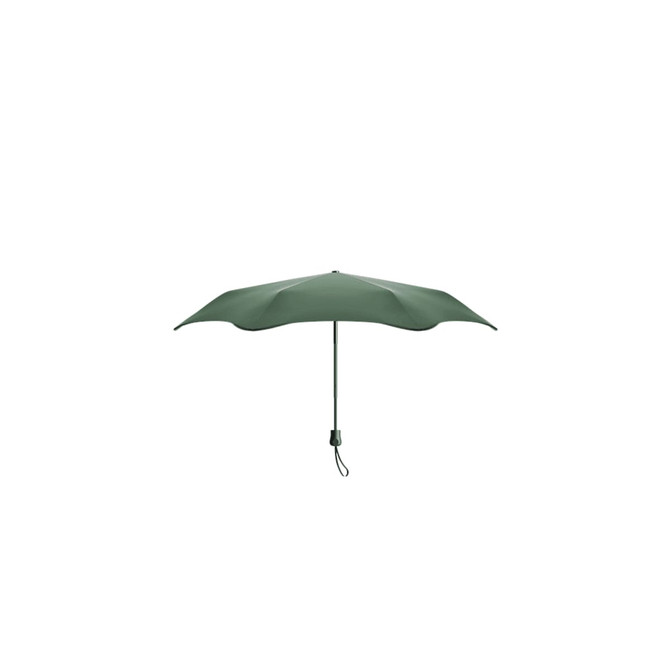 A dark green umbrella with a curved canopy and a sleek handle, featuring a branding logo.