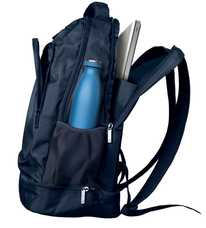 A navy backpack featuring multiple compartments, including a mesh pocket for a drink bottle and space for a laptop.