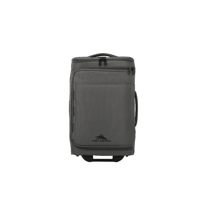 A wheeled duffle bag in grey featuring a front pocket and a logo. Ideal for travel and storage.