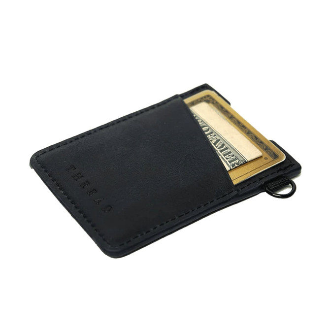 A black vertical wallet made of leather, holding cards and cash, featuring a simple design and a small logo.