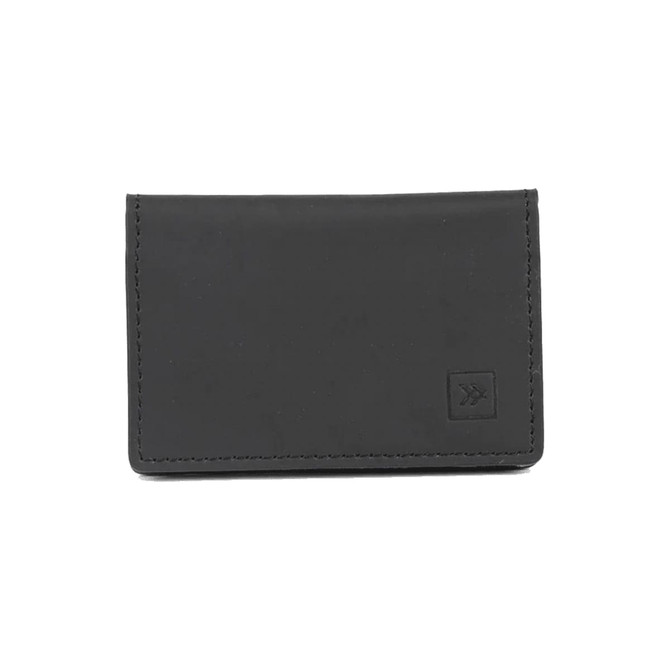 A black bifold wallet with a simple design and stitching, featuring a small logo on the front.