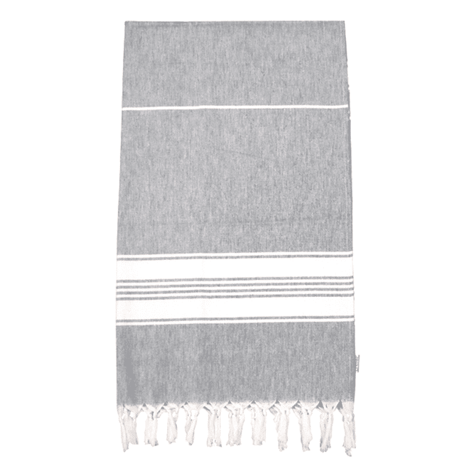 A grey and white 100% cotton Turkish towel with fringed edges and a simple striped pattern.