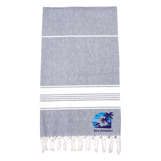 A 100% cotton Turkish towel in grey with white stripes and tassels, featuring a logo.