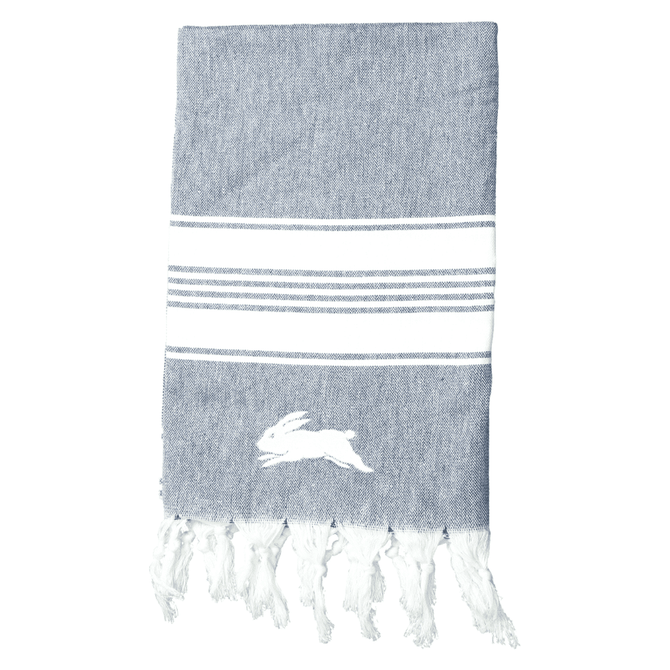 A 100% cotton Turkish towel in grey with white stripes and fringed edges, featuring a rabbit logo.