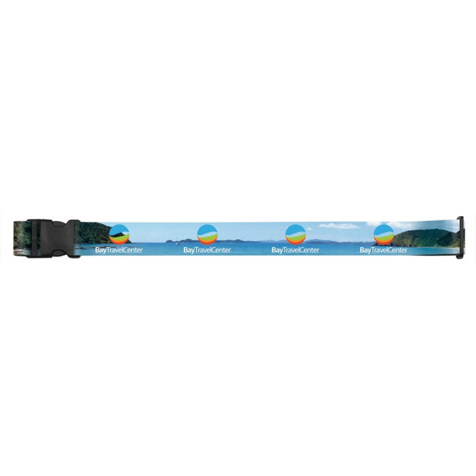 A full colour luggage strap featuring a scenic beach design and a logo. Predominantly blue and green tones.