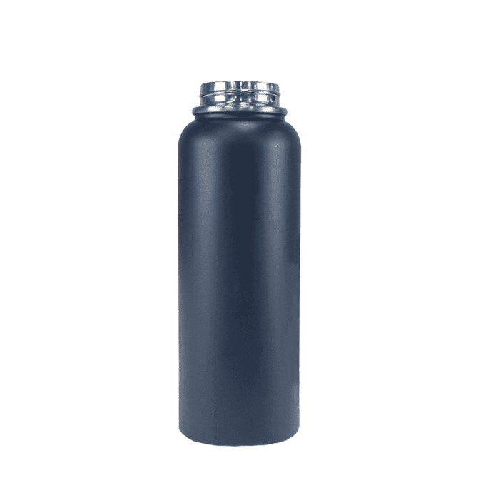 A drink bottle in a matte navy finish with a stainless steel screw cap and a logo on the front.