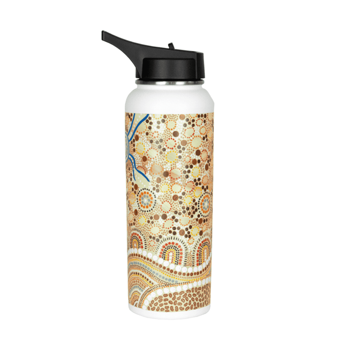 A drink bottle featuring an intricate pattern in earthy tones with a black lid and a logo.