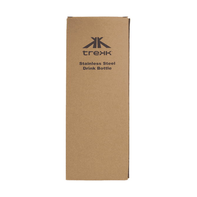A drink bottle in a cardboard packaging, featuring stainless steel material with a logo on it.