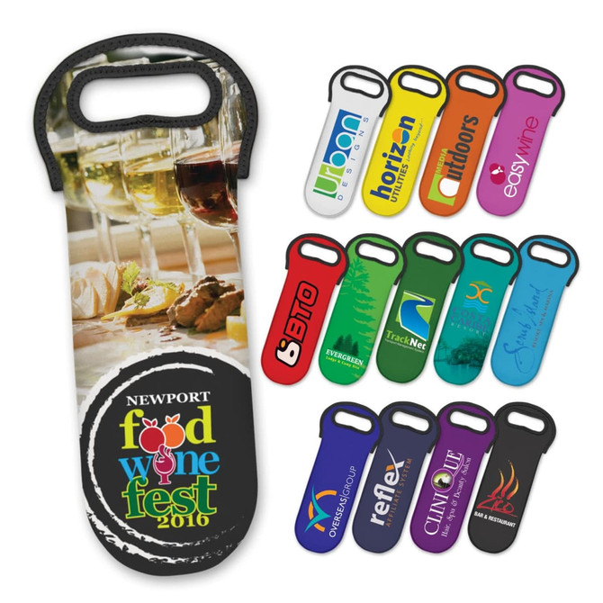 A neoprene wine cooler bag featuring multiple colours and a logo, designed for holding wine bottles.