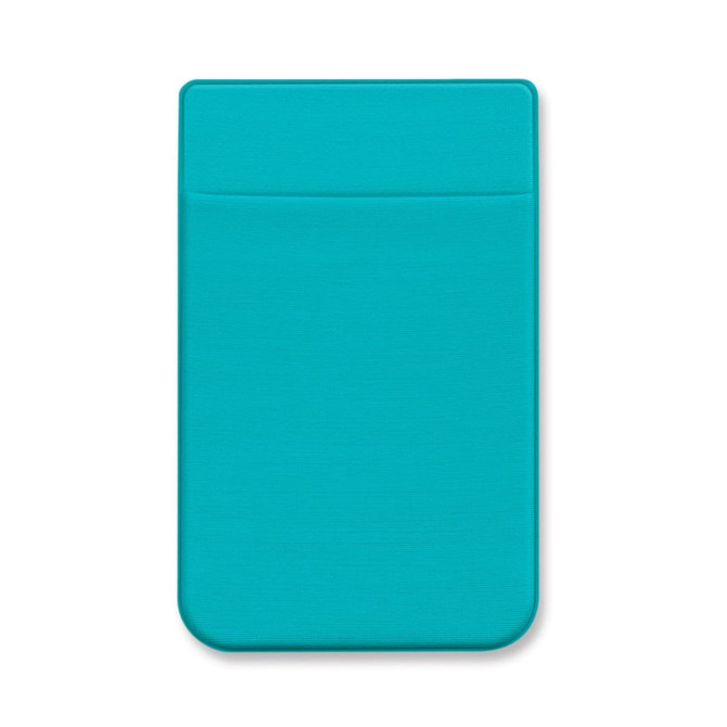 A Lycra Phone Wallet in a vibrant turquoise color, featuring a sleek design with a pocket for holding cards or cash.