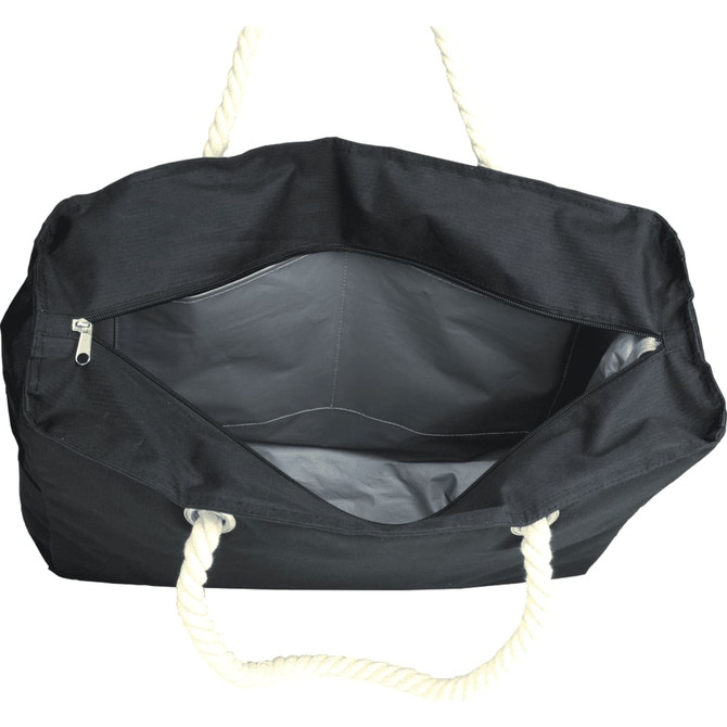 A waterproof black beach bag with a white rope handle, featuring an open interior for easy access.