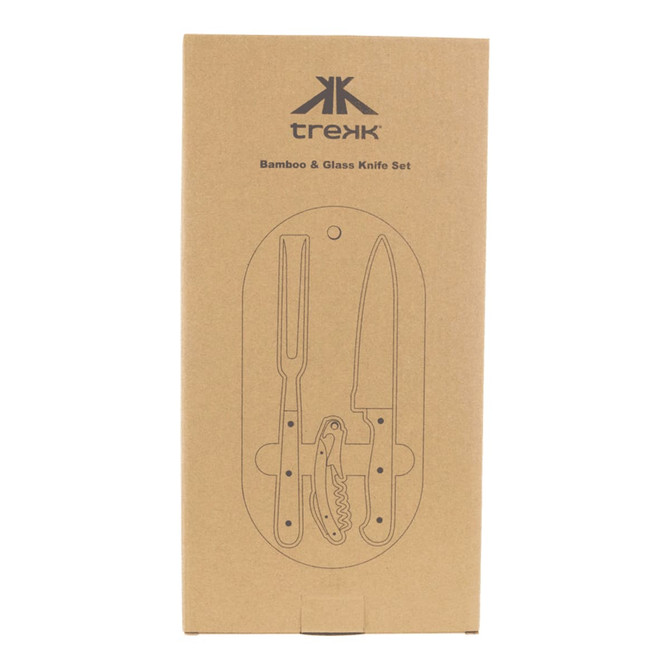 A bamboo and glass knife set in eco-friendly packaging, featuring a knife, fork, and a multi-tool. Includes branding.