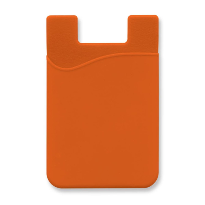 An orange silicone phone wallet with a curved design and a logo. Ideal for attaching to the back of a phone.
