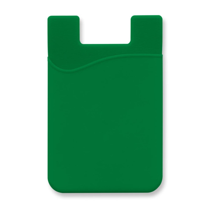 A green silicone phone wallet with a curved design and a slot for cards. It features a branding logo.