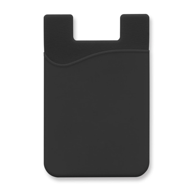 A black silicone phone wallet with a smooth surface and a curved design element. It features a logo on the front.